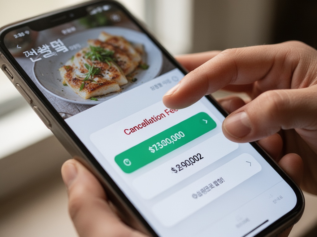 A Korean traveler's hand hovering over the cancellation button in an app, with cancellation fee amount highlighted on screen.