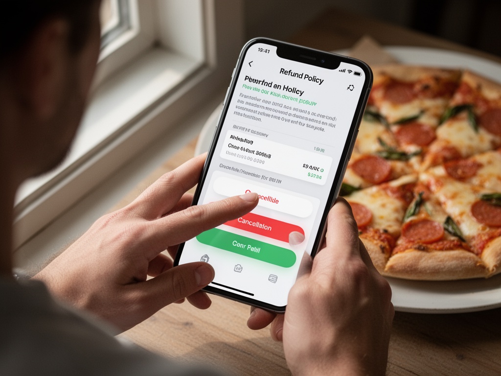 Fingers tapping the cancellation button on the app interface, with refund policy details displayed in the background.