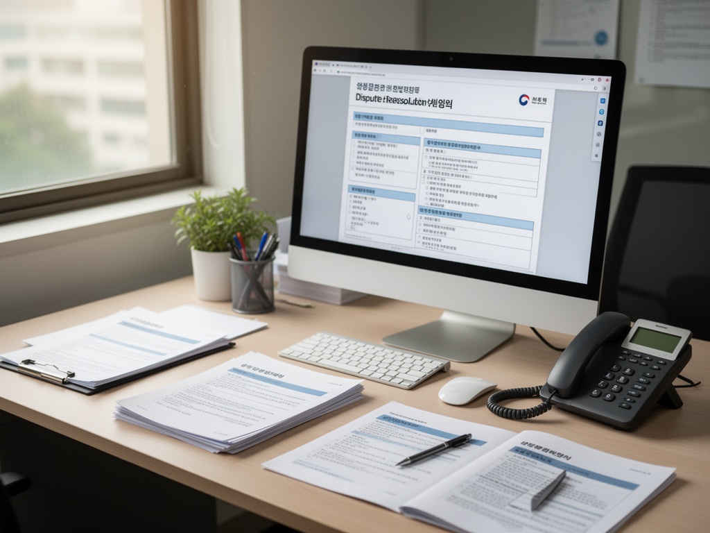 A Korean consumer support office desk with documents, a computer showing dispute resolution forms, and a phone ready for consultation calls.