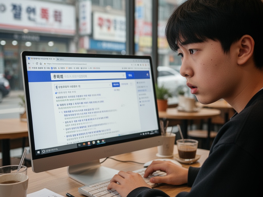 Teenager sitting at Korean café, confused expression while searching on traditional search engine on desktop computer