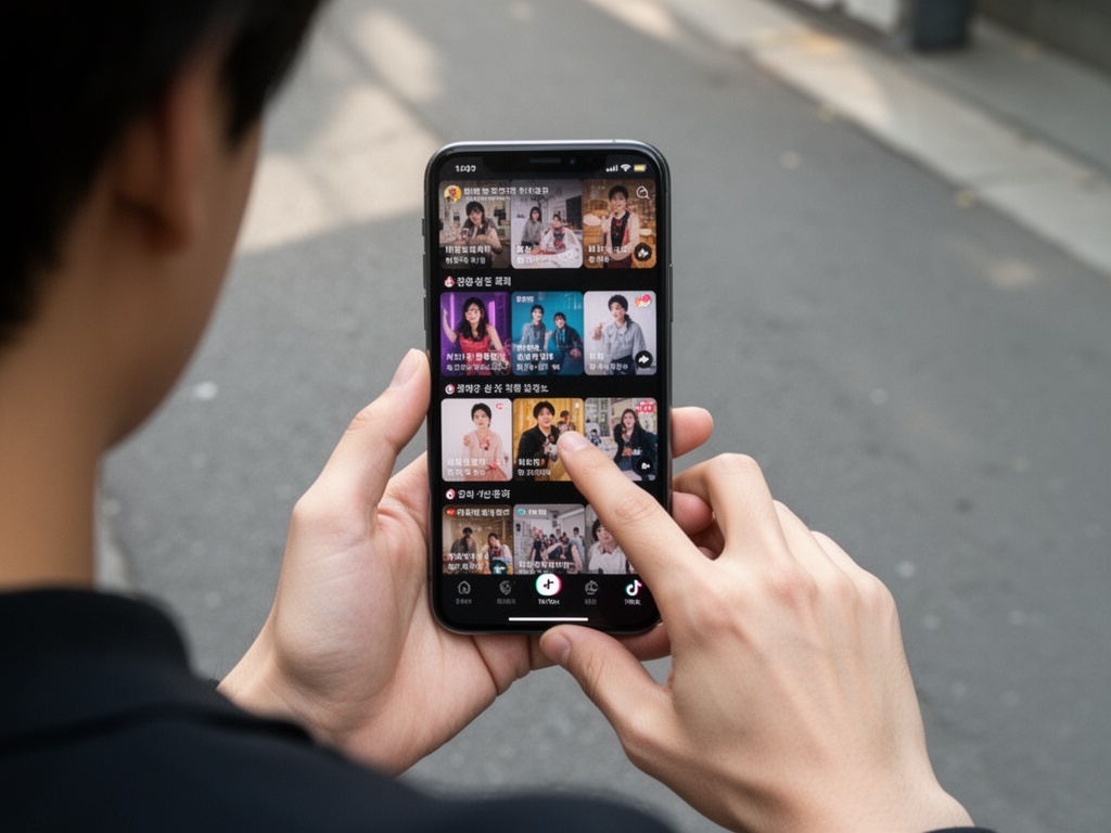 Same person's hands swiping through video content on TikTok app, multiple short clips stacked vertically on mobile screen