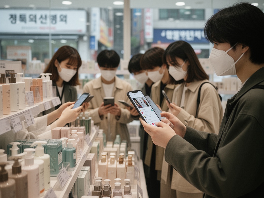 Group of young consumers in Korean retail store interior, examining product displays while cross-referencing with nano-influencer recommendations on phones