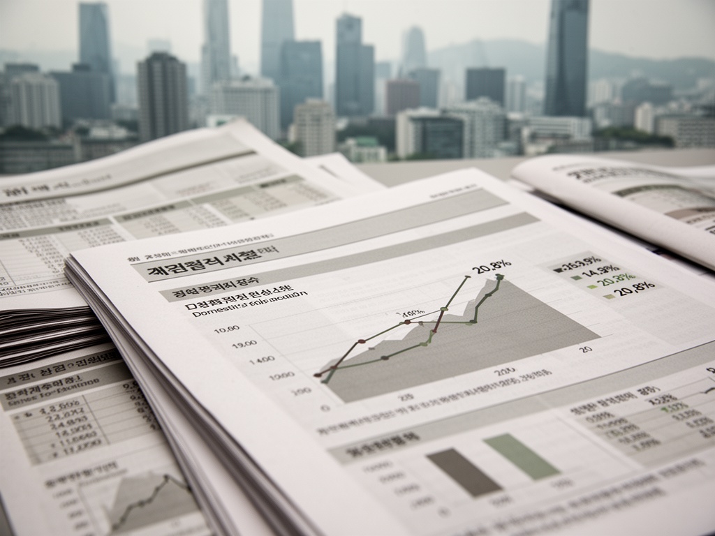 Stacks of Korean financial documents and pension fund reports on a desk with charts showing domestic stock allocation rising from 14.9% to 20.8%.
