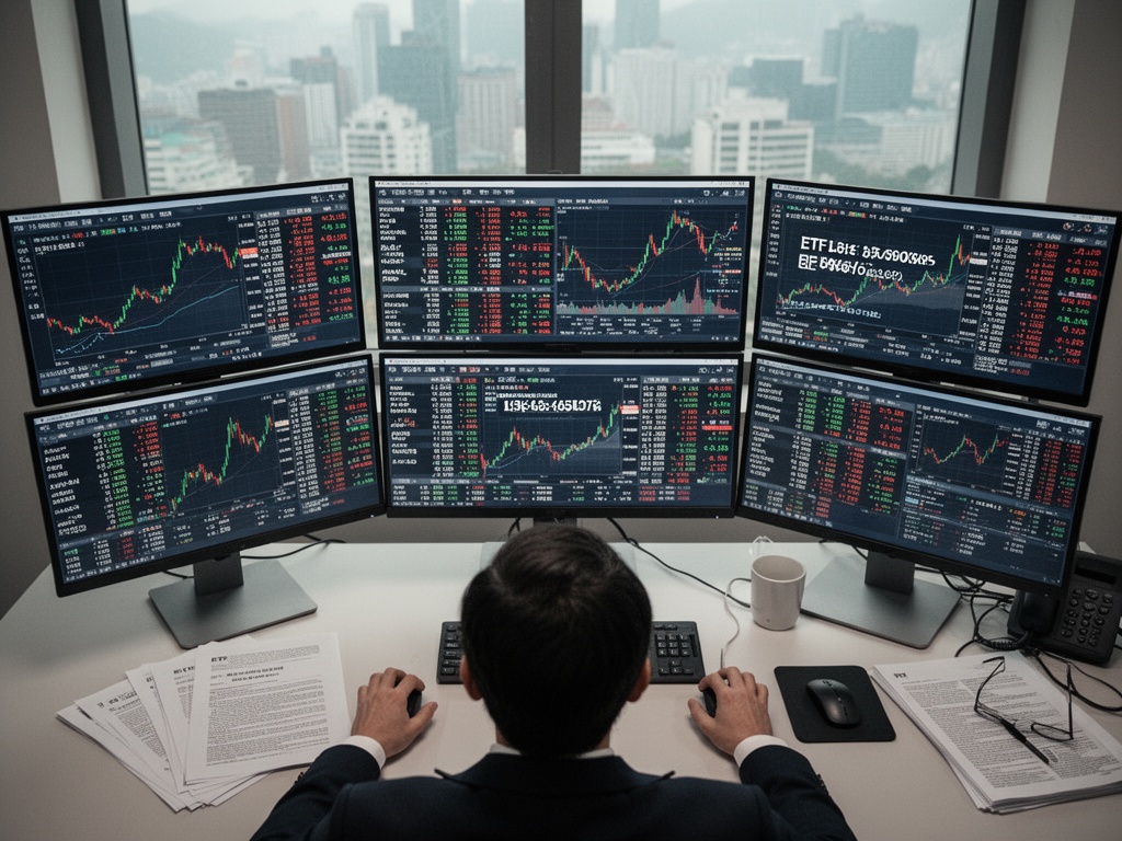 Trading floor monitors displaying the Korean stock exchange with order flow data and ETF listing announcements across multiple screens.