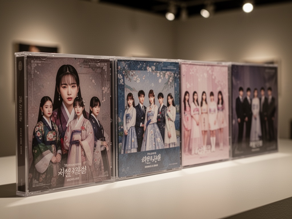 Close-up of physical album packaging and merchandise from multiple rookie groups arranged side by side.