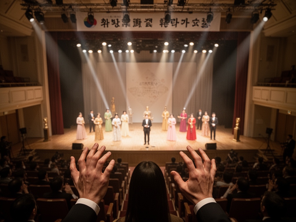 Concert stage with performers under spotlights during an awards ceremony at a large Japanese venue.