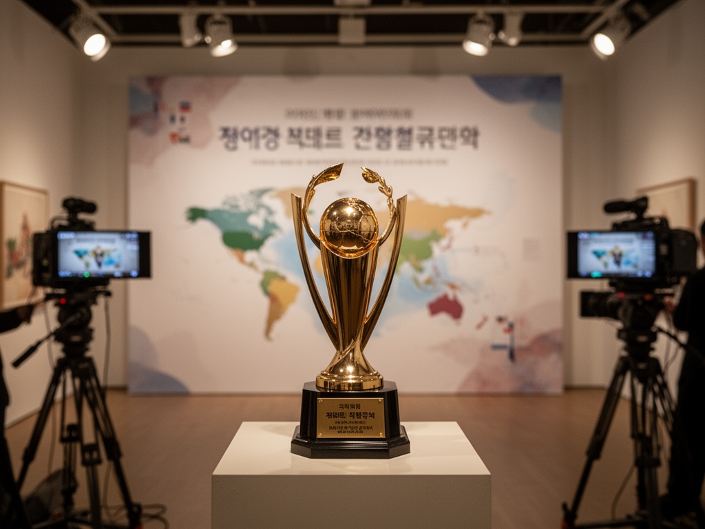 Trophy placement and award ceremony backdrop with international broadcast setup indicating global reach and recognition.