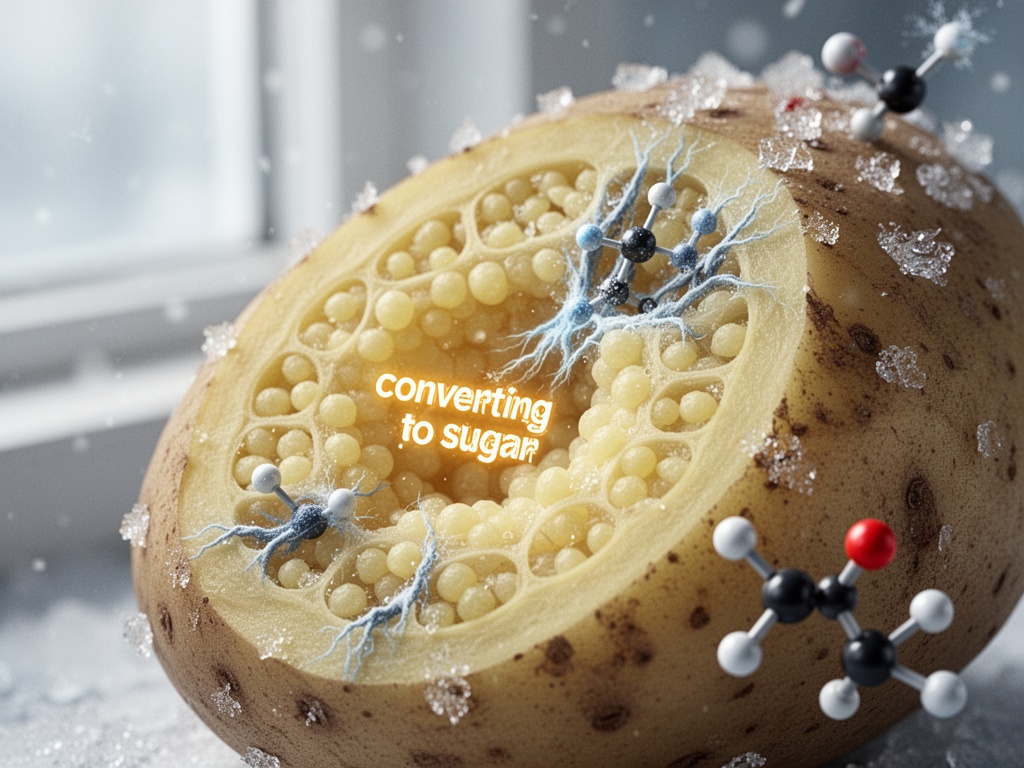 Cross-section view of a potato cell showing starch converting to sugar under cold temperatures, with molecular damage illustrated.