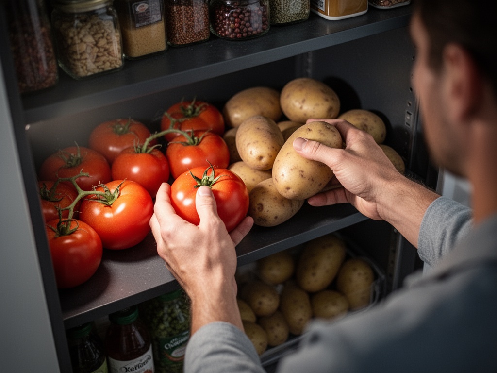 Hands placing tomatoes and potatoes into a cool, dark pantry shelf away from direct sunlight and refrigerator, demonstrating correct room-temperature storage.