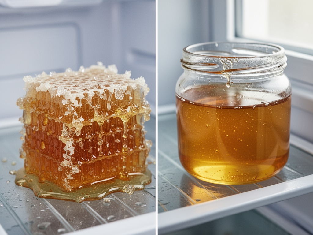 Close-up of crystallized honey in a cold fridge versus clear honey at room temperature, highlighting texture damage from improper refrigeration.