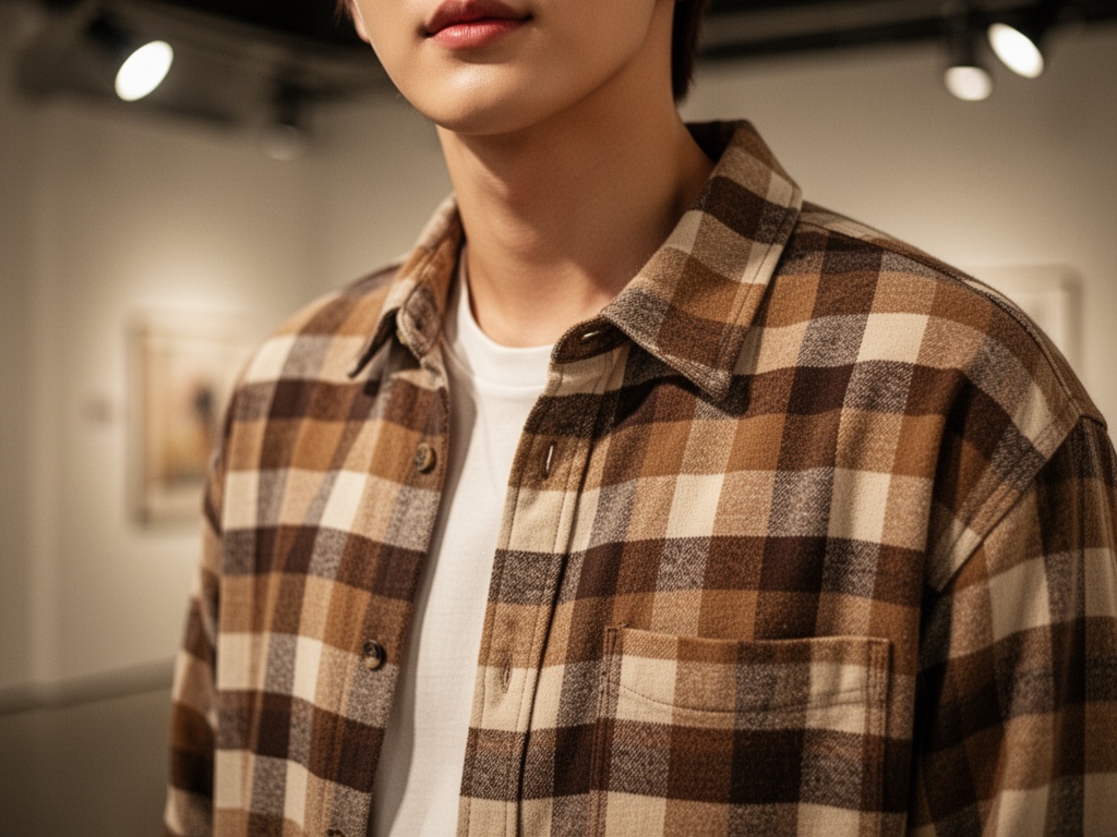 A K-pop idol photographed wearing the same checkered shirt in a casual daily outfit post on social media.