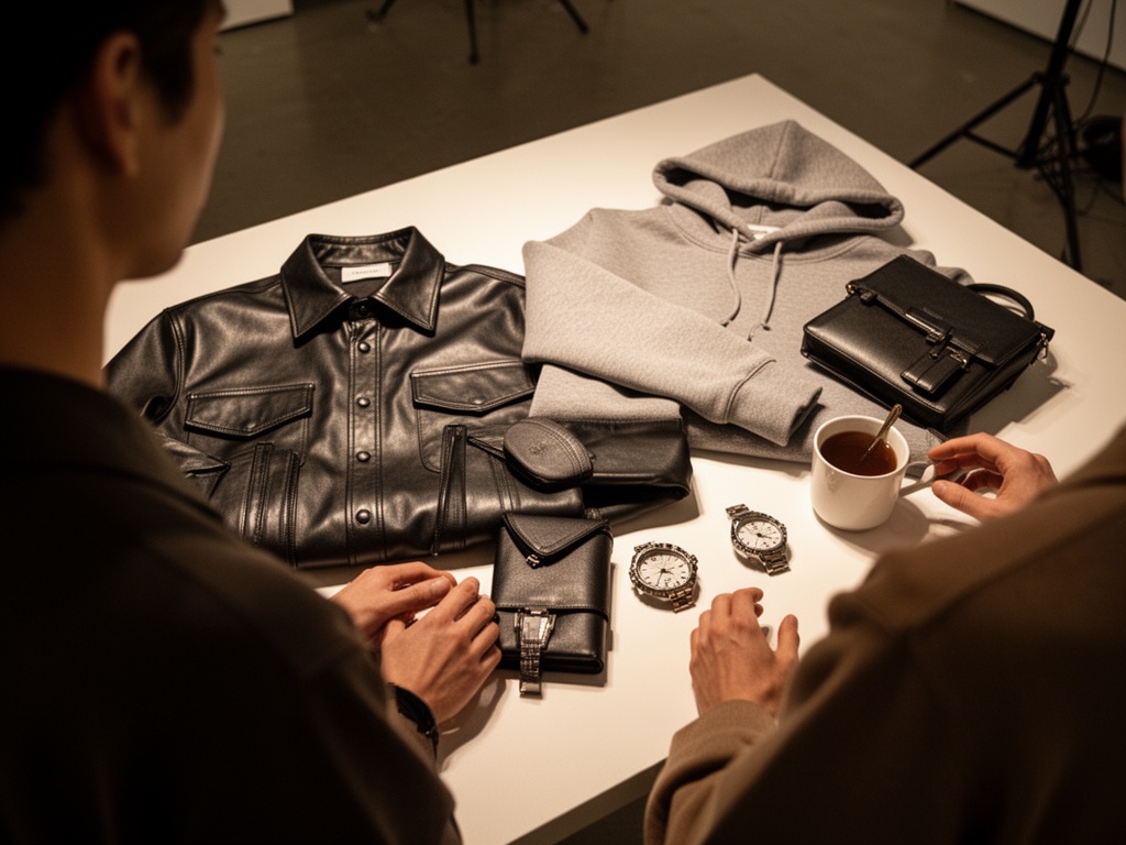 Close-up of trending fashion items arranged on a white surface—a leather shirt, a hoodie, and accessories—ready for styling.