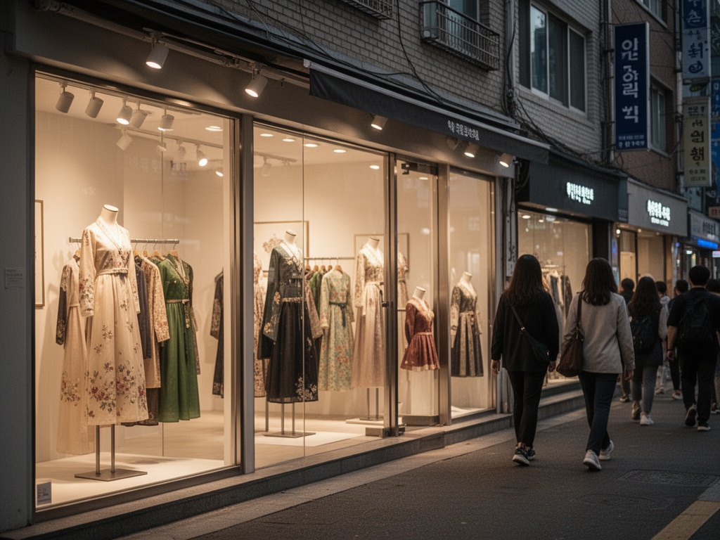 Seoul street scene with multiple storefronts and shoppers browsing fashion displays, reflecting real-time consumer demand and inventory shifts.