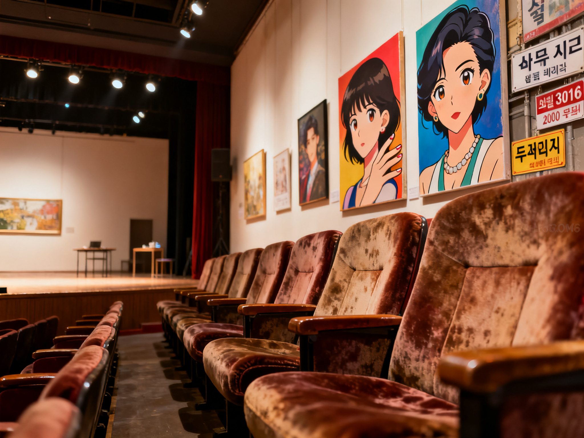A small 300-seat intimate theater interior from 2016, with worn velvet seats and minimal stage setup.