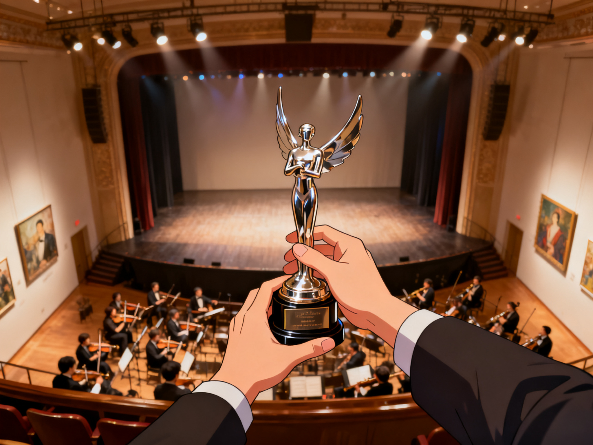 Hands holding a gleaming trophy on a grand Broadway stage, with orchestral musicians visible in the pit below.