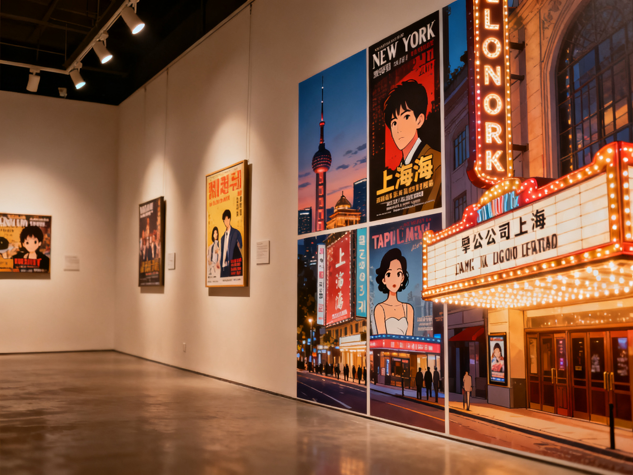 A collage of theater marquees and promotional posters from multiple cities—New York, London, Taipei, Shanghai—illuminated at dusk.