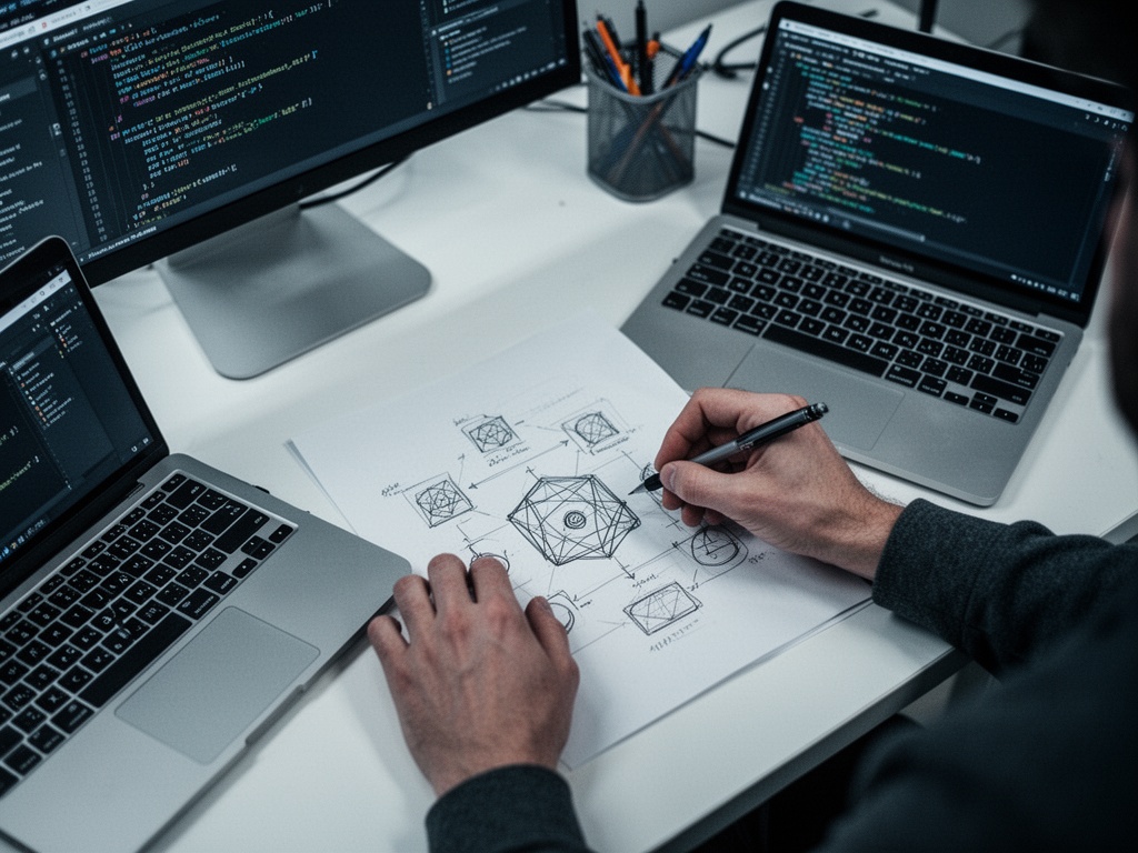 Entrepreneur's hands sketching wireframe on paper before opening any coding platform or AI tool.