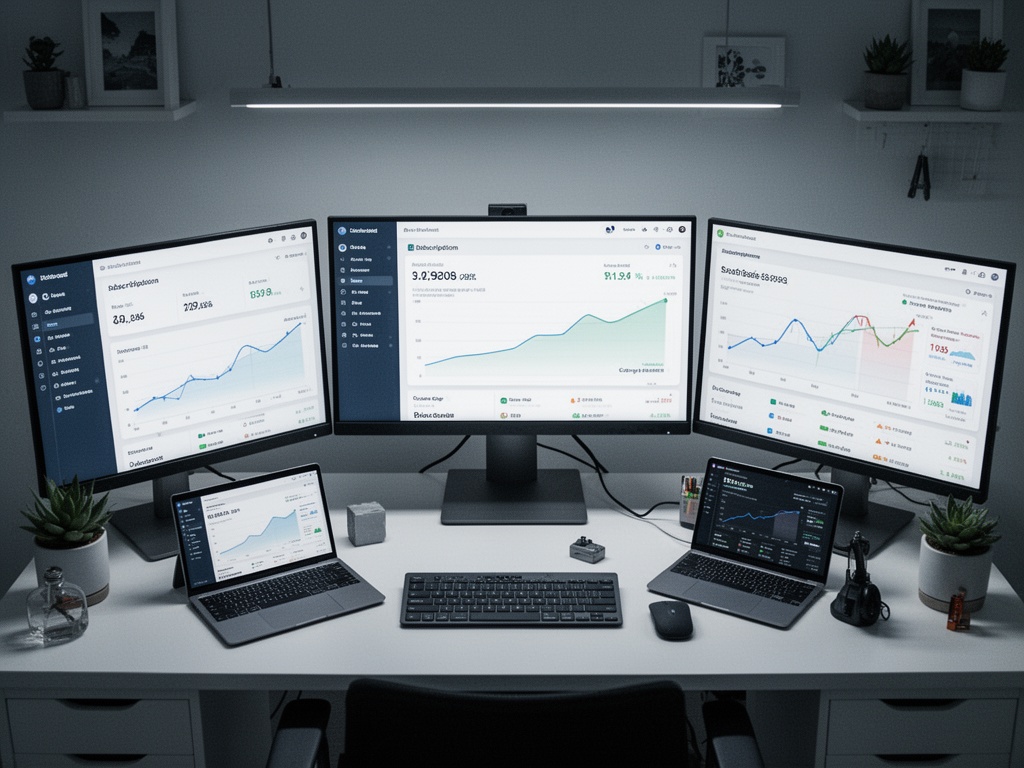Dashboard showing SaaS product metrics and subscription revenue growth on multiple monitors in a home office setting.