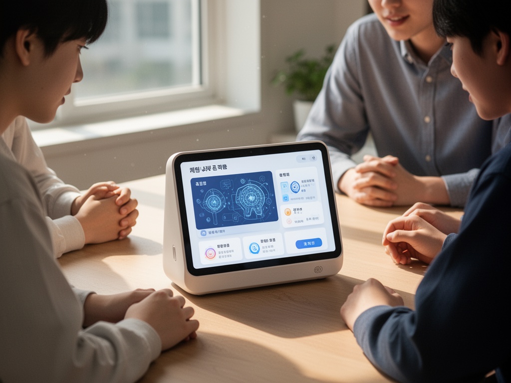 Students and teachers gathered around a plain unmarked device showing AI learning platform interface.