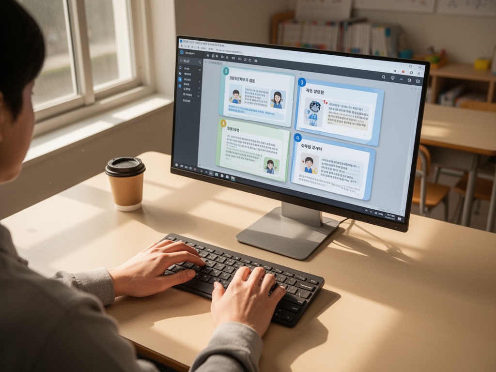 Close-up of hands typing on keyboard while AI-assisted lesson materials appear on screen in classroom setting.