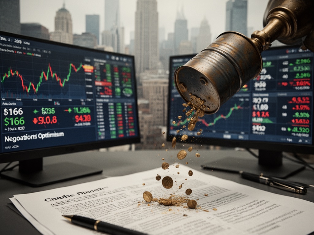 May 2024 price decline shown on trading screens, crude barrels dropping from $166 to $92 amid negotiation optimism.