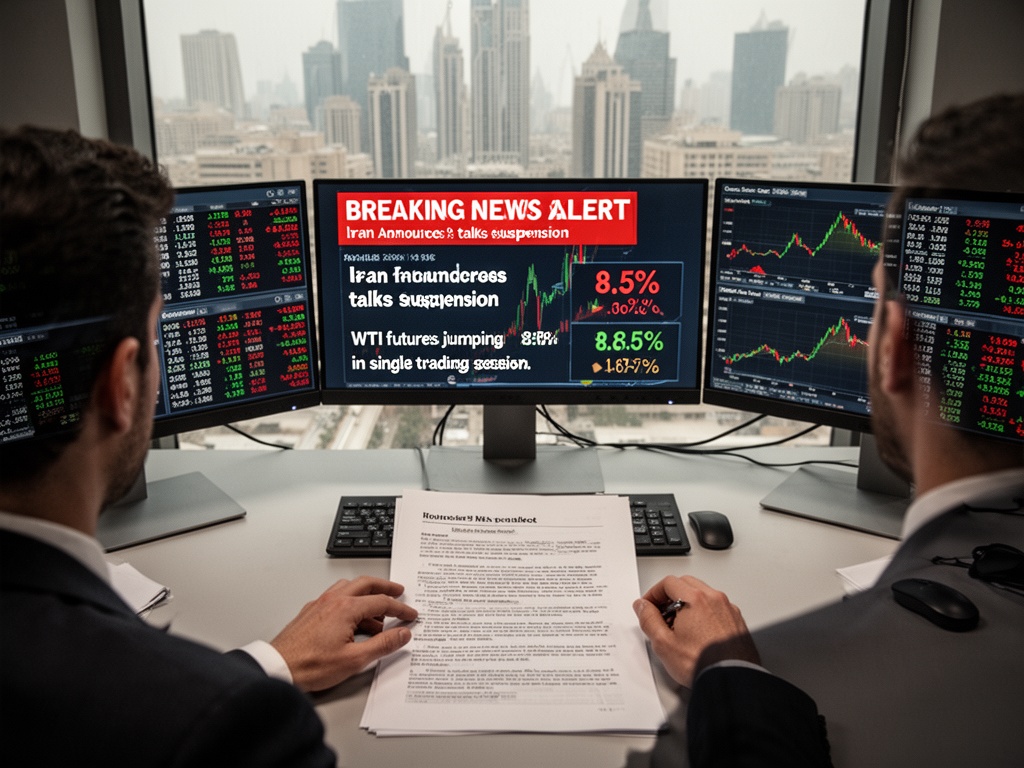 Breaking news alert on financial terminals as Iran announces talks suspension, WTI futures jumping 8.5% in single trading session.
