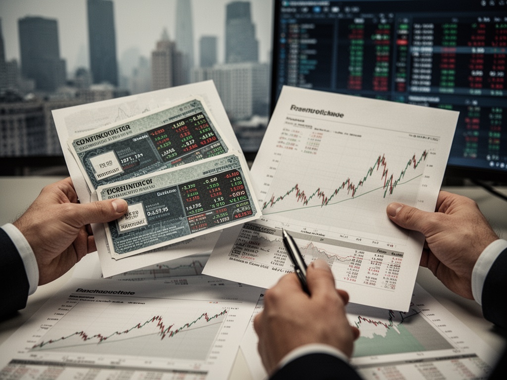 Financial traders' hands holding semiconductor stock certificates and market analysis reports on a desk with rising trend graphs