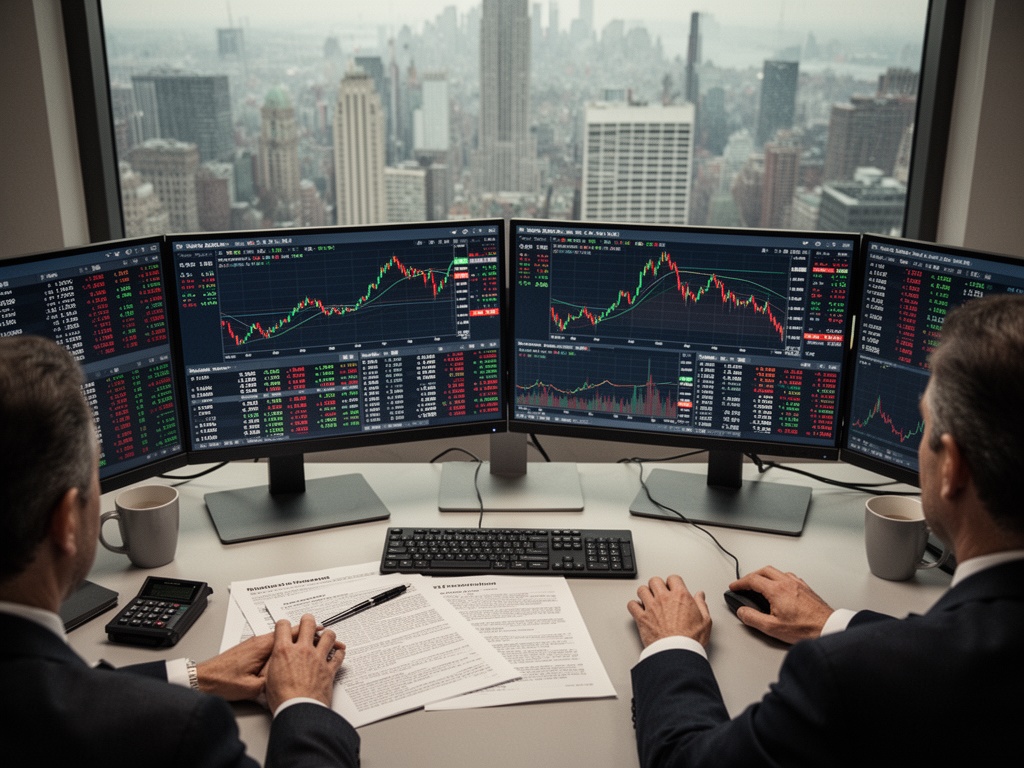 Institutional investors monitoring real-time trading data as two major chip manufacturer stock prices cross historic thresholds on computer terminals