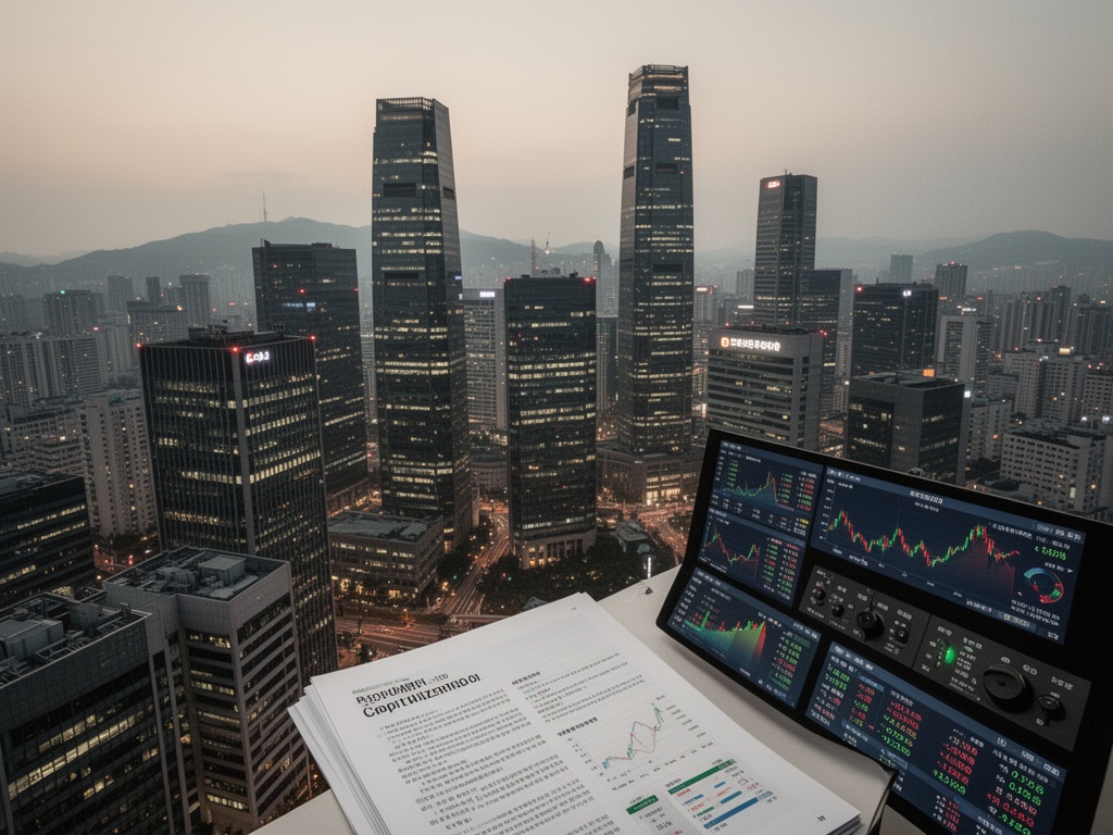 Overhead view of Korean financial district skyline at dusk with illuminated office buildings, symbolizing record market capitalization milestone