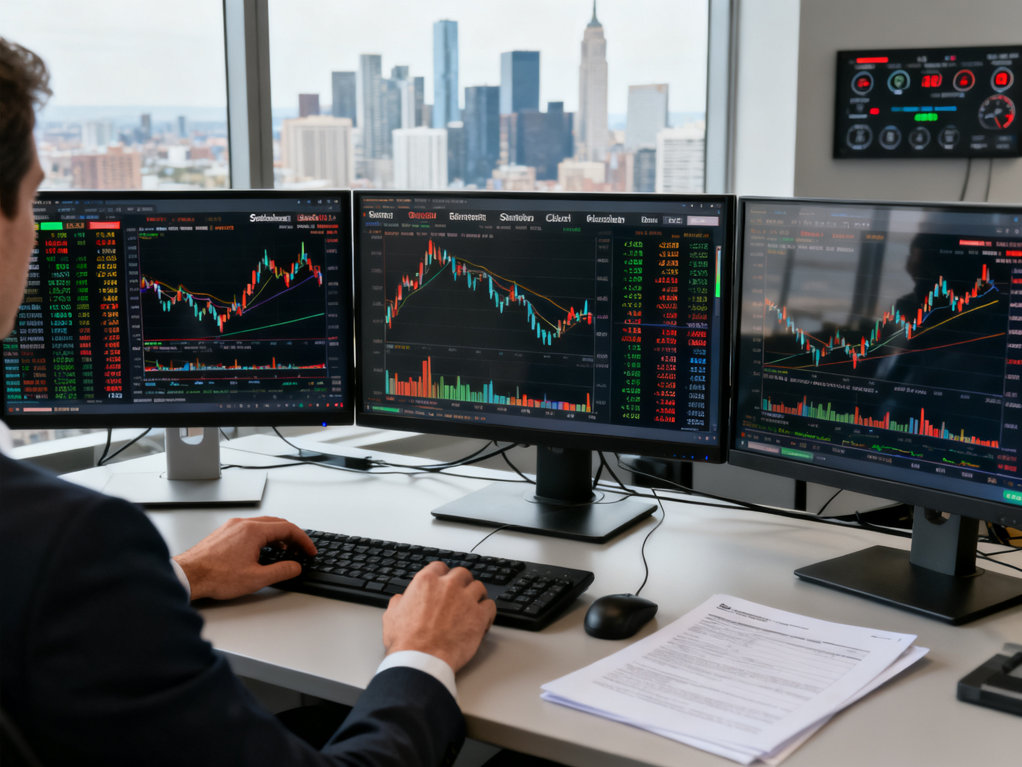 Trading floor with multiple monitors displaying real-time stock charts and price movements across semiconductor companies.