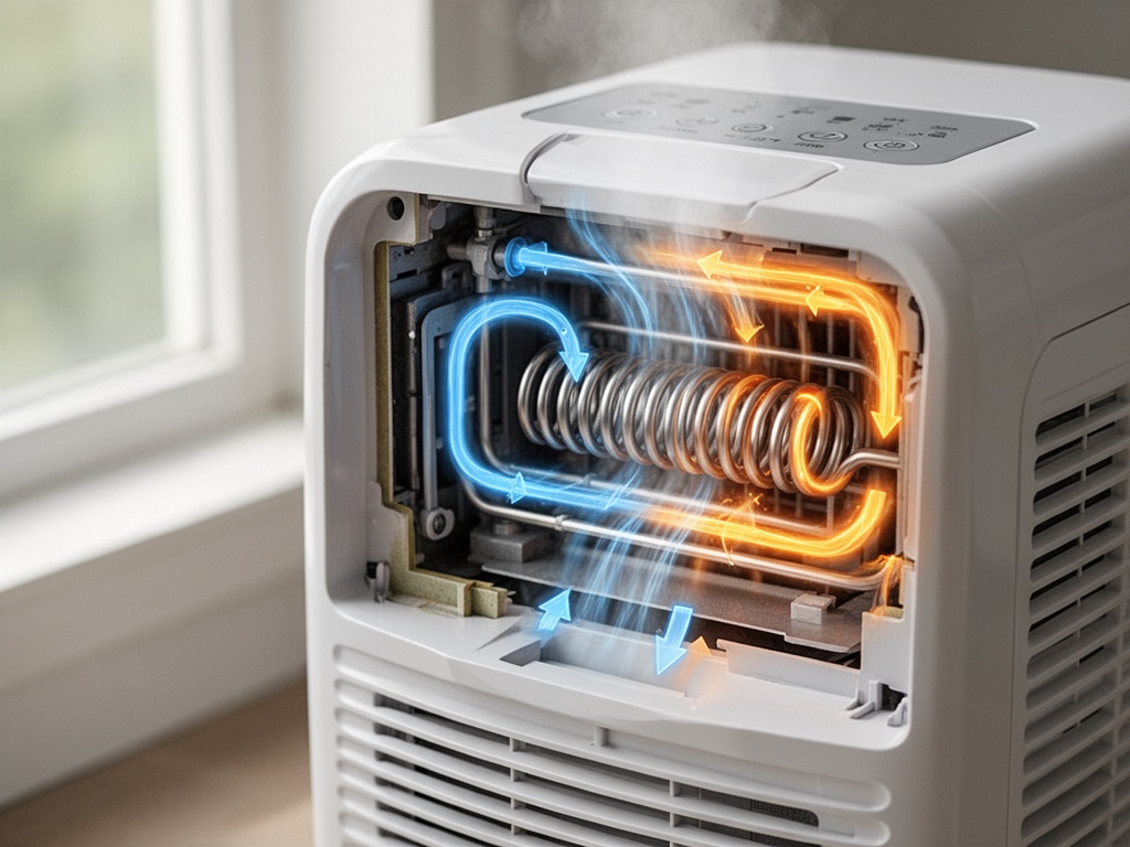 Cross-section diagram showing internal cooling coil mechanics and warm air recirculation pathway inside the dehumidifier.