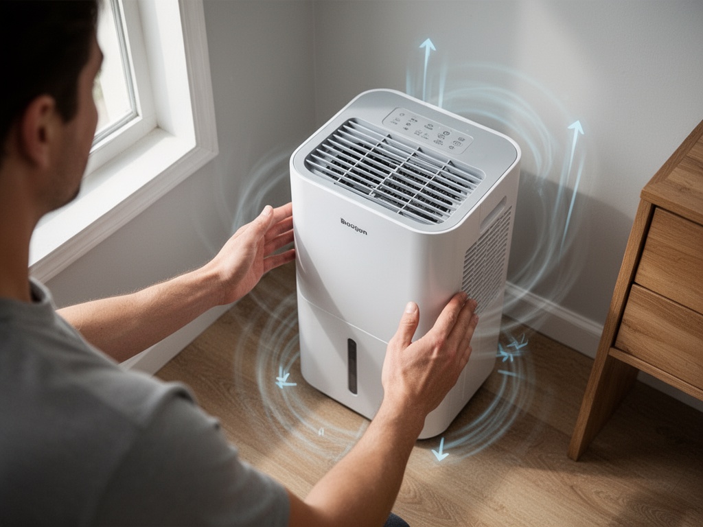Hands placing the dehumidifier with proper spacing away from walls and furniture to maximize air circulation in the room.