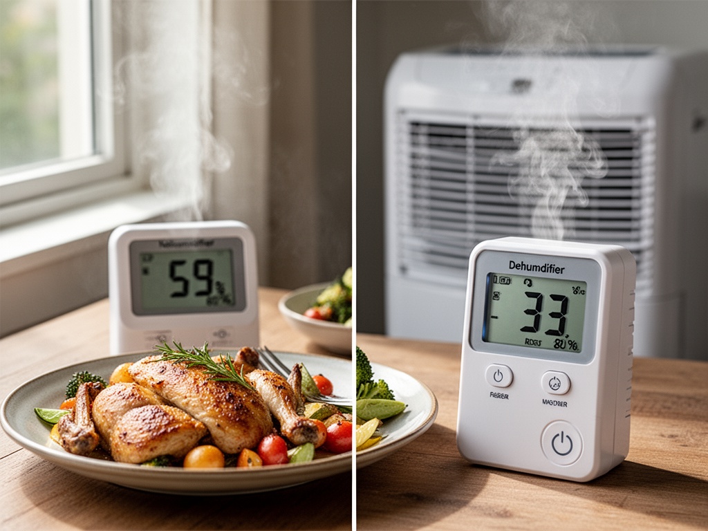 Comparison view of humidity meter readings side-by-side showing air conditioner at 59% versus dehumidifier at 33% relative humidity.
