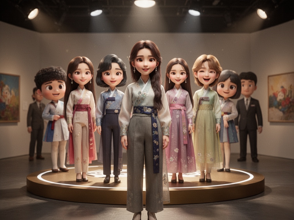 Virtual animated characters and real K-pop idols standing together in the winner's circle, showing diverse forms of Korean content competing simultaneously.