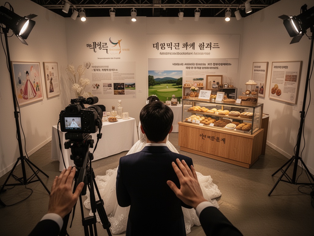 A Korean wedding photography setup and Korean bakery booth at an American golf event, illustrating how music awards expand into tourism and food experiences.