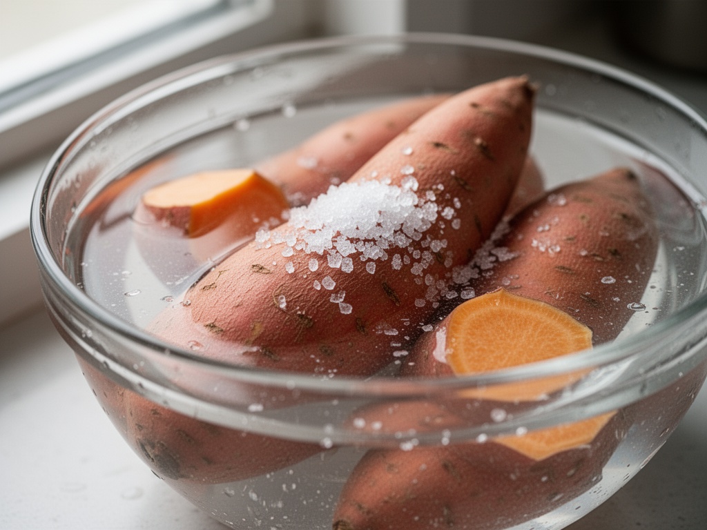 Raw sweet potatoes submerged in salt water for thirty minutes in a clear bowl.