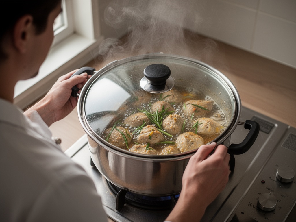 Steamer with lid closed over medium-low heat, steam rising visibly from edges during the enzyme activation phase.