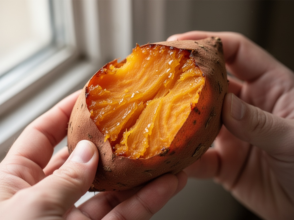 Cross-section of cooked sweet potato revealing caramelized interior, hands holding it to show texture and golden color.