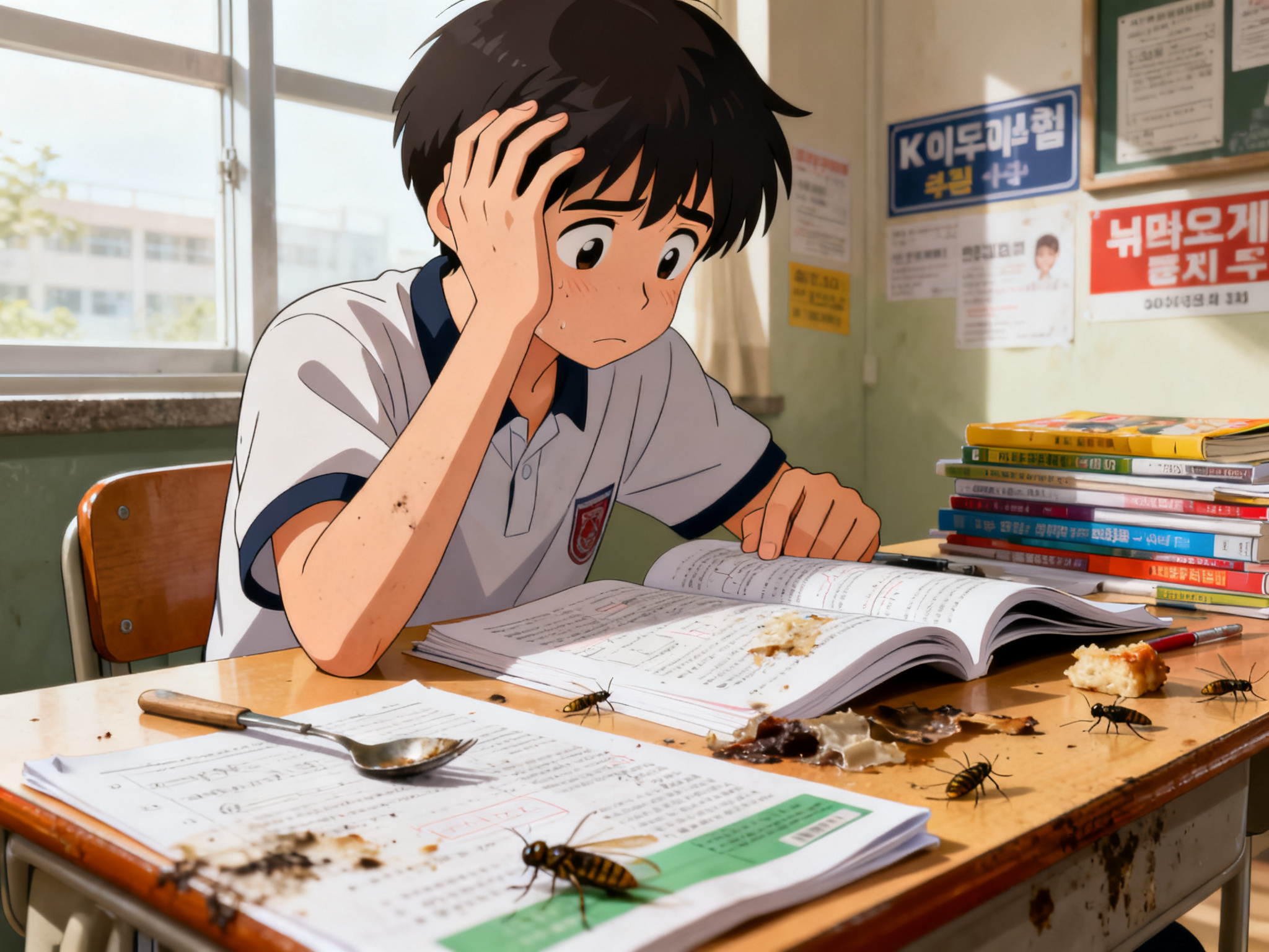Student sitting alone at desk reviewing study materials, appearing stressed about grading system changes.