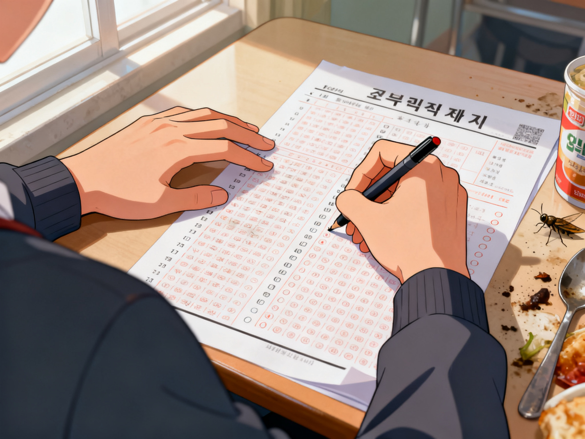 Close-up of hands marking multiple-choice answers on test paper with focused intensity.