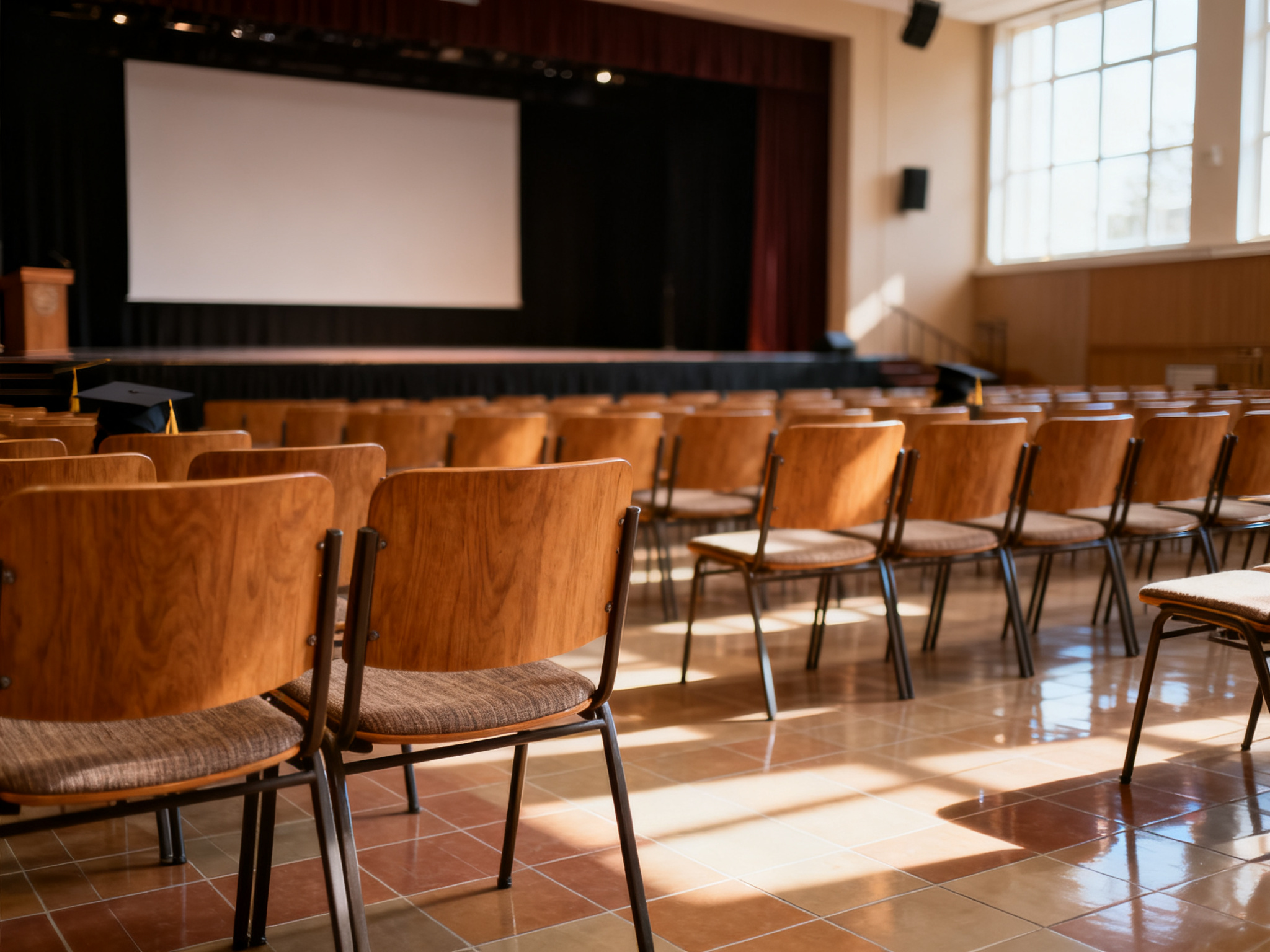 Graduation ceremony venue with empty seats, symbolizing reduced high school completion rates and student departures.