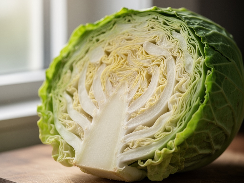 A whole cabbage with the core visibly exposed after cutting in half, showing the vulnerable cut surface.