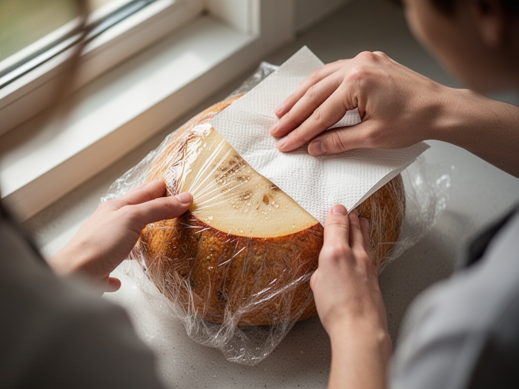 Hands gently placing a lightly moistened sheet of kitchen paper against the cut surface before wrapping tightly with plastic film.