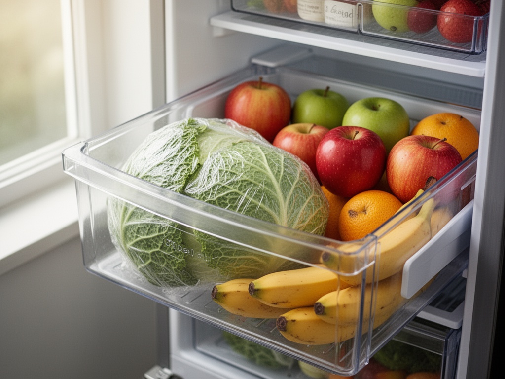 A vegetable crisper drawer in a refrigerator with the wrapped cabbage stored separately from ethylene-producing fruits like apples and bananas.