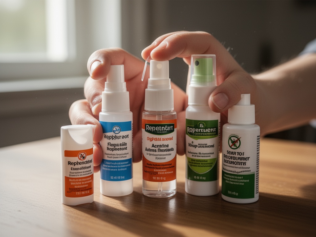 Parent's hand holding multiple repellent products with different active ingredients displayed on a table.