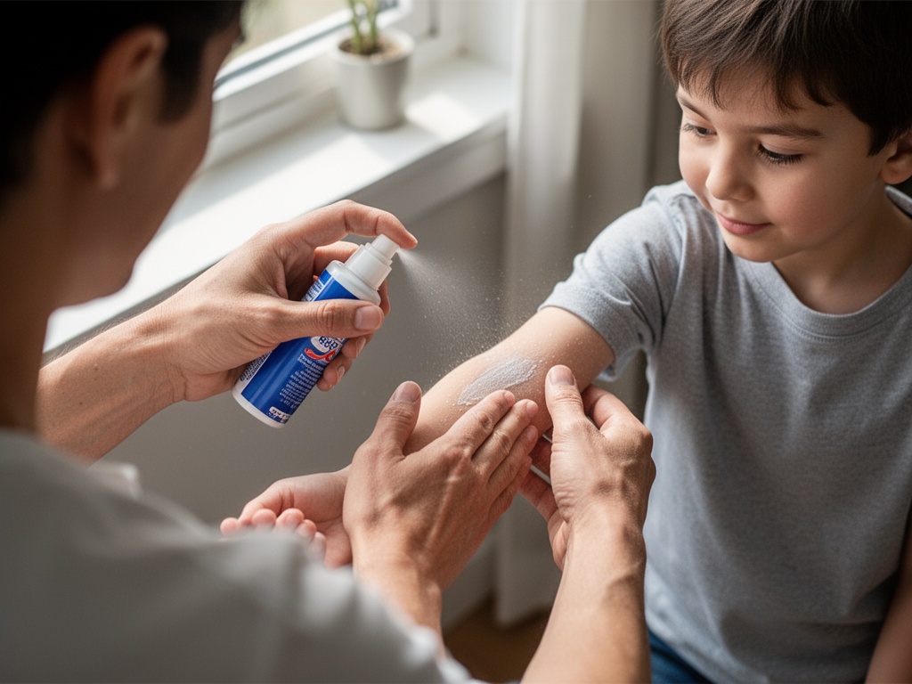 Adult applying repellent from palm to child's arm while avoiding face and hands, demonstrating correct application technique.