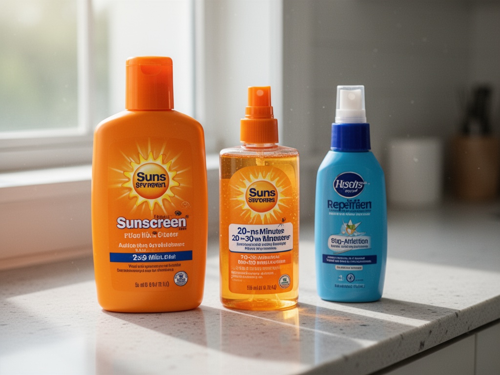 Sunscreen bottle and repellent bottle placed sequentially on counter, showing the recommended 20-30 minute waiting period between applications.