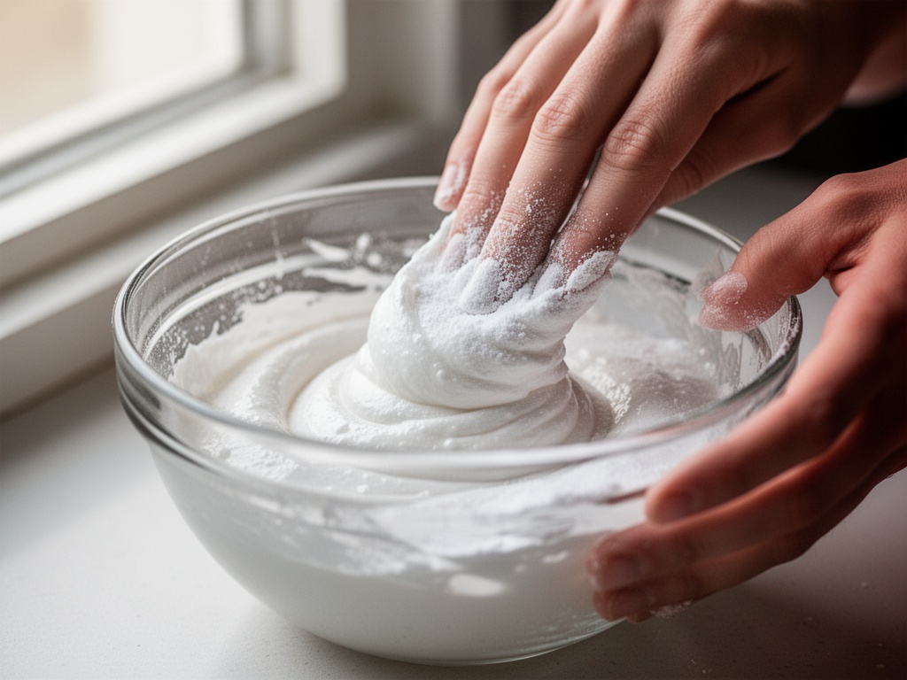 Hands mixing hydrogen peroxide and baking soda into thick paste in a clear bowl.