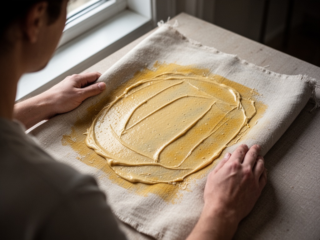 Paste applied evenly across yellowed fabric section, left to sit for thirty minutes undisturbed.