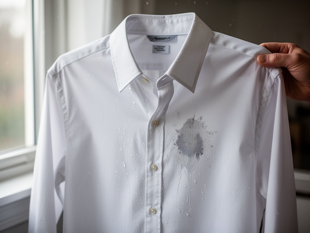 Clean white shirt rinsed in cool water, held up to light to verify stain completely disappeared.